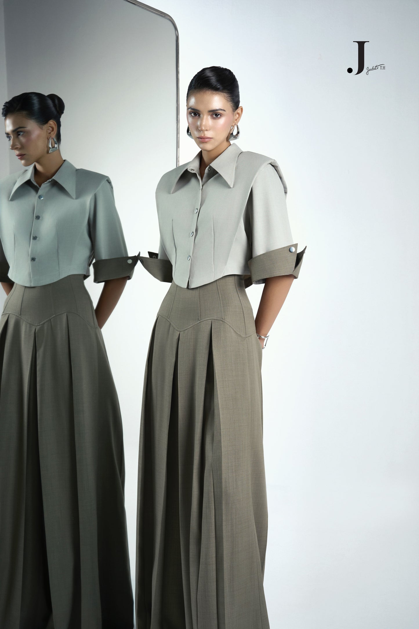 Front & Back Ivory Crop-Shirt & Van Ash Grey Pants