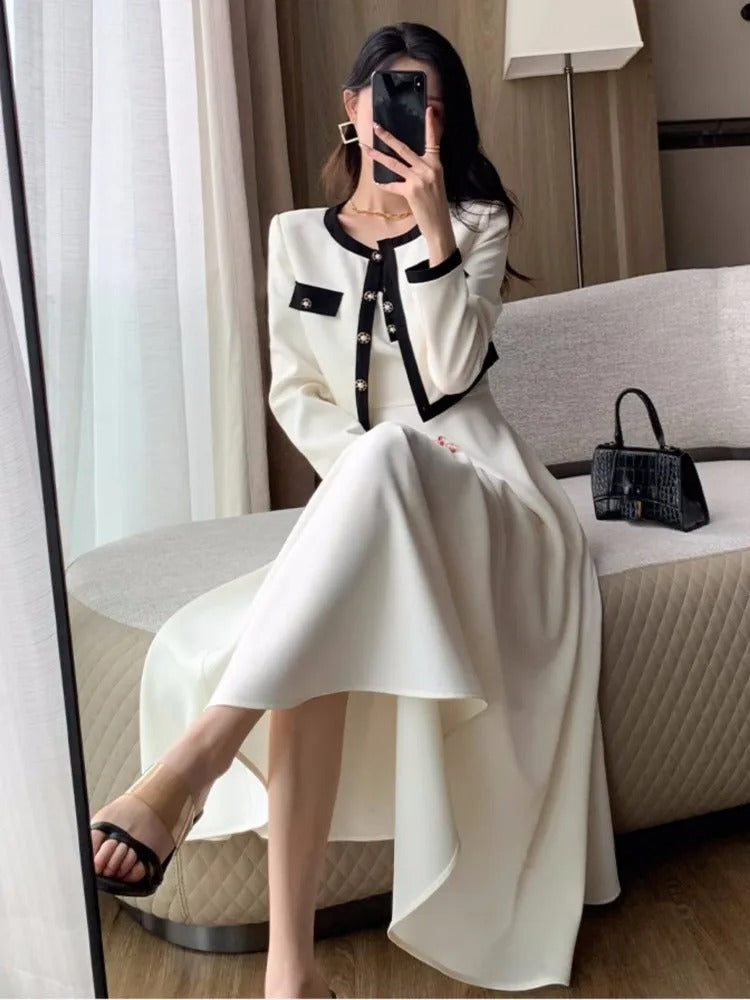 Women Elegant Solid 2 Piece Dress Set Office Fashion Lady Chic Short Jacket A-line Spaghetti Strap Dresses Korean Outfit Clothes