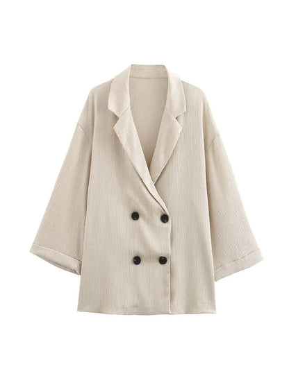 2024 Autumn Women Casual Blazer Coat Pants Set Long Sleeve Double Breasted Blazer + Wide Leg Trousers Lady Office Outfit