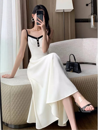 Women Elegant Solid 2 Piece Dress Set Office Fashion Lady Chic Short Jacket A-line Spaghetti Strap Dresses Korean Outfit Clothes