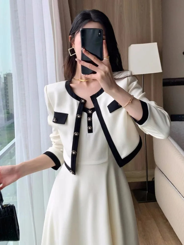 Women Elegant Solid 2 Piece Dress Set Office Fashion Lady Chic Short Jacket A-line Spaghetti Strap Dresses Korean Outfit Clothes