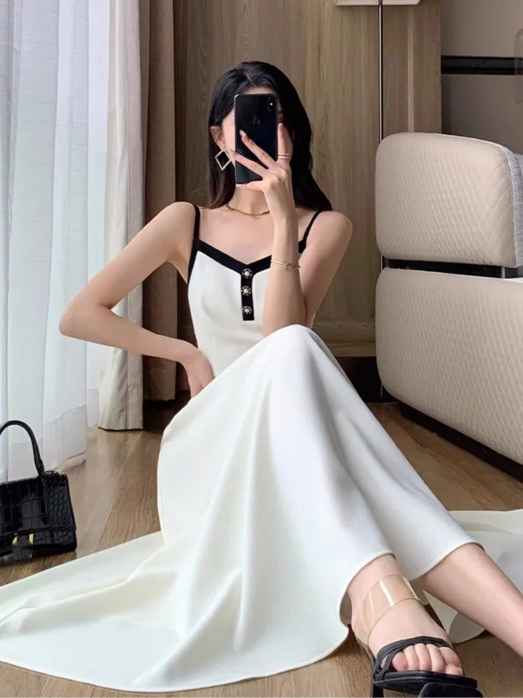 Women Elegant Solid 2 Piece Dress Set Office Fashion Lady Chic Short Jacket A-line Spaghetti Strap Dresses Korean Outfit Clothes