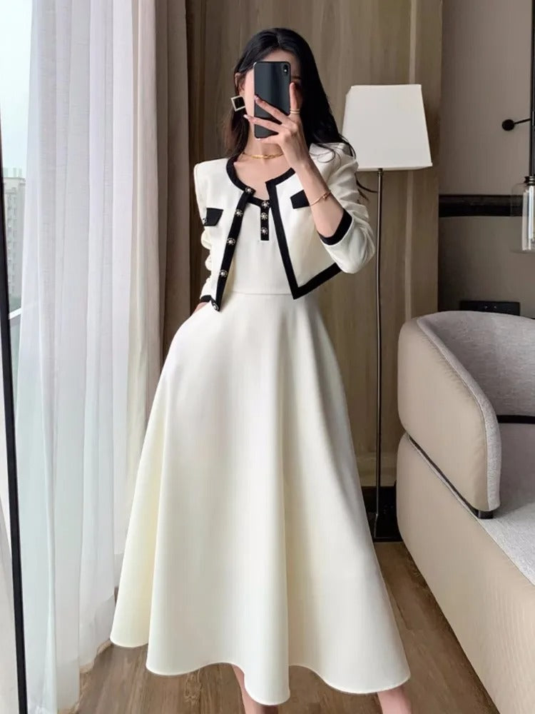 Women Elegant Solid 2 Piece Dress Set Office Fashion Lady Chic Short Jacket A-line Spaghetti Strap Dresses Korean Outfit Clothes